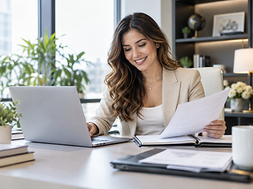 A sales professional reviewing client documents and account priorities at her desk.
