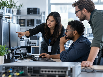 A technology operations team analyzing system data across multiple monitors.