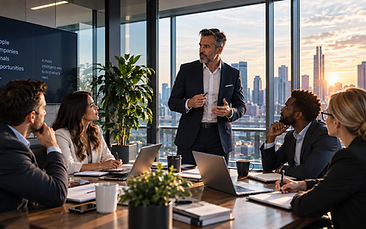 An Intesara executive leading a sales intelligence strategy meeting with a diverse revenue team.