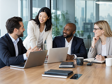 A diverse revenue team collaborating around laptops in a modern office.
