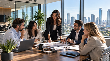 A sales team reviewing opportunity research and account plans in a city office.