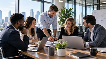 A revenue team analyzing visual research and market opportunities around a shared workspace.