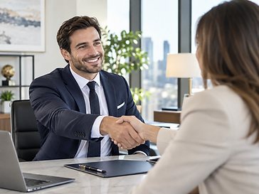 A business professional greeting a client after a successful executive meeting.