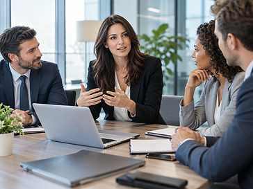 A business leader guiding an executive team discussion in a modern boardroom.