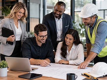 A cross-functional business and construction team collaborating over project plans.