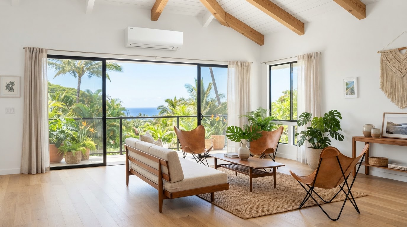 Ductless split AC unit cooling a bright Oahu living room