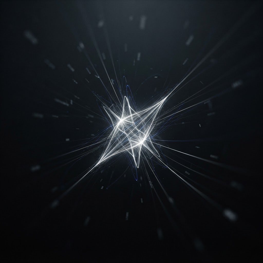A luminous information core toward which scattered fragments converge; some fade away, others become stable connections, suggesting experience accumulating into continuity.