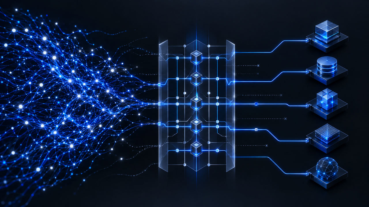 Glowing lines approach a translucent lattice with a cube-shaped gate on each path; five paths carry on to five objects on pedestals, while other dotted lines stop short, each ending in a small x.