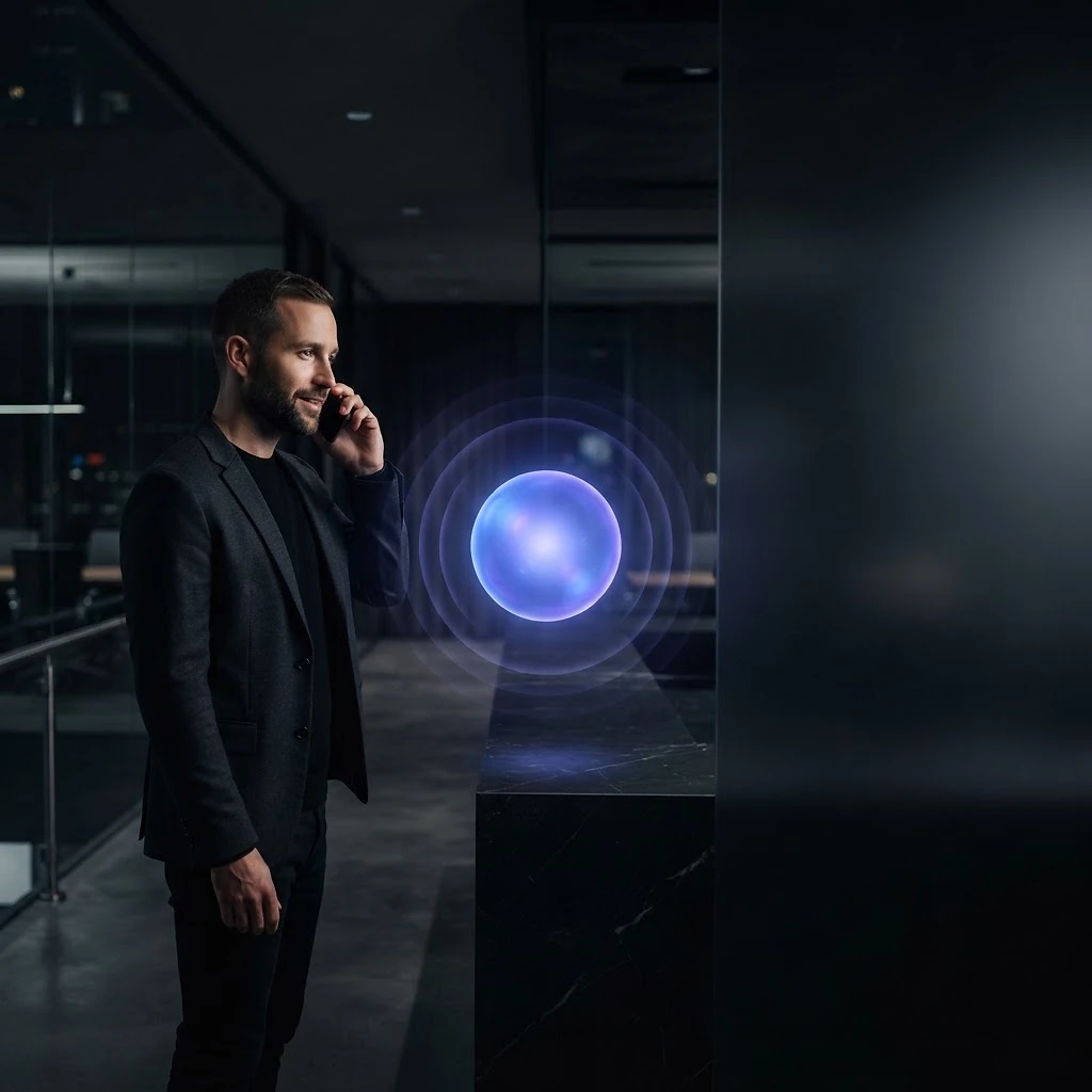 A customer calling a business from a smartphone, with a subtle central AI reception intelligence node in a dark premium environment.