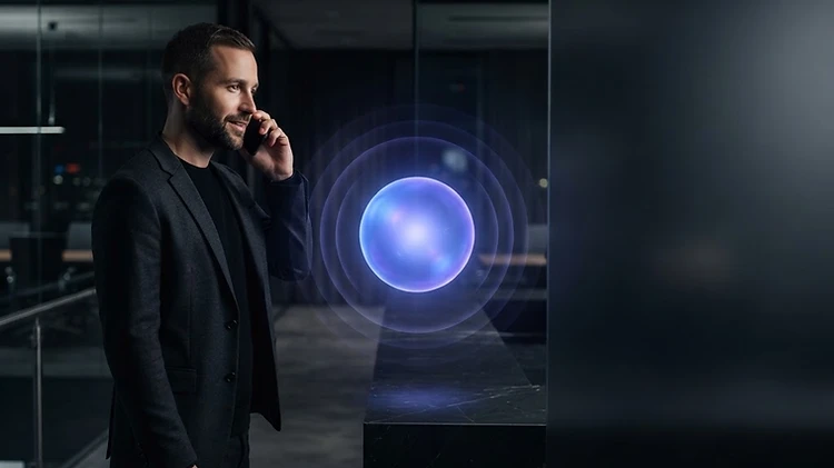 A customer calling a business from a smartphone, with a subtle central AI reception intelligence node in a dark premium environment.