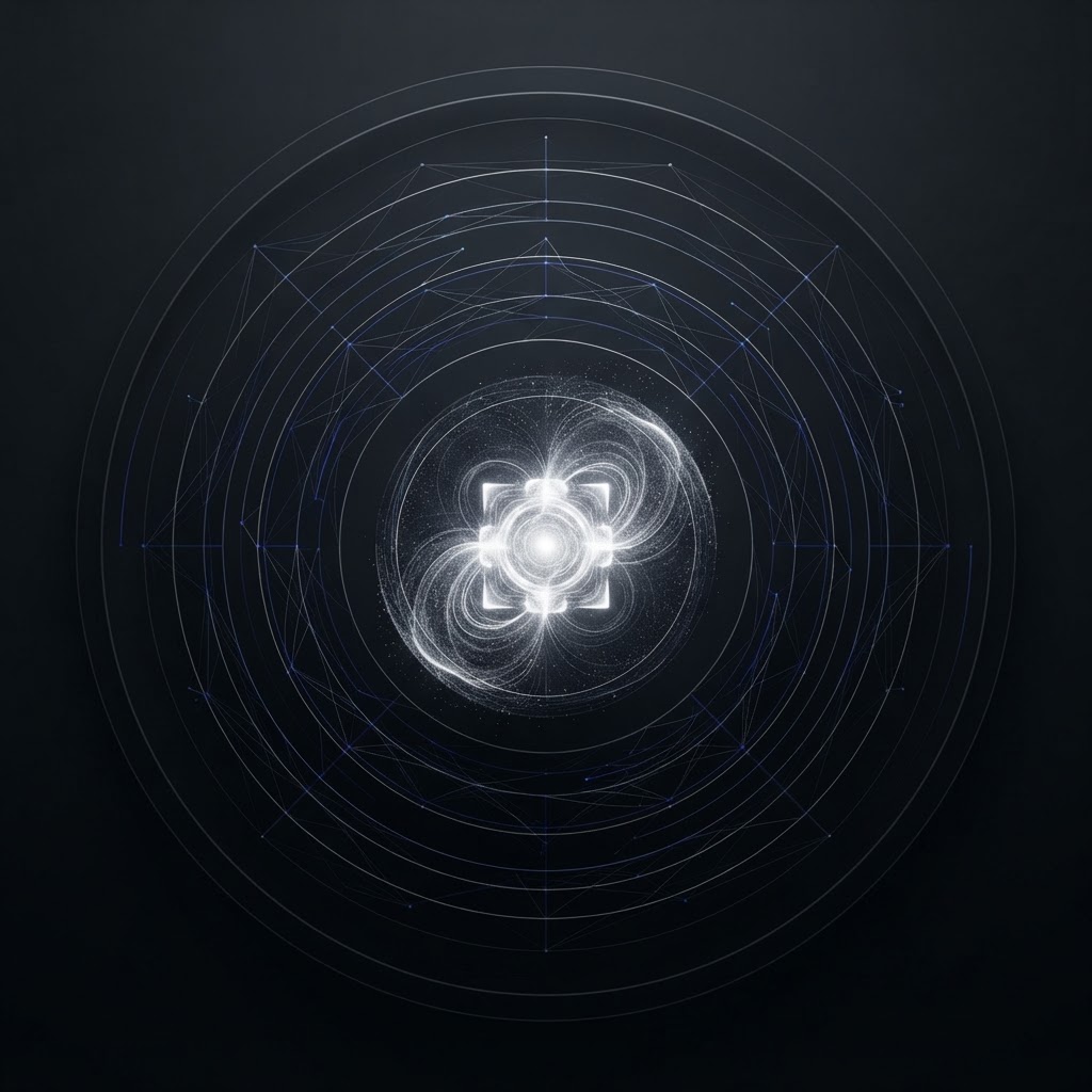 A compact, bright central core surrounded by a far broader structure of persistent layers and connections — the model, modular, separated from the layer that endures.
