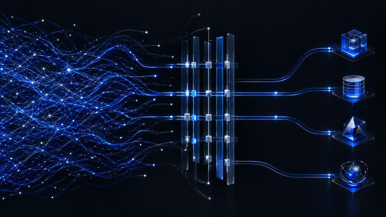 A dense mass of glowing blue lines flows toward a vertical barrier of translucent glass panels; beyond it, only a few ordered paths continue on to four distinct objects resting on pedestals.
