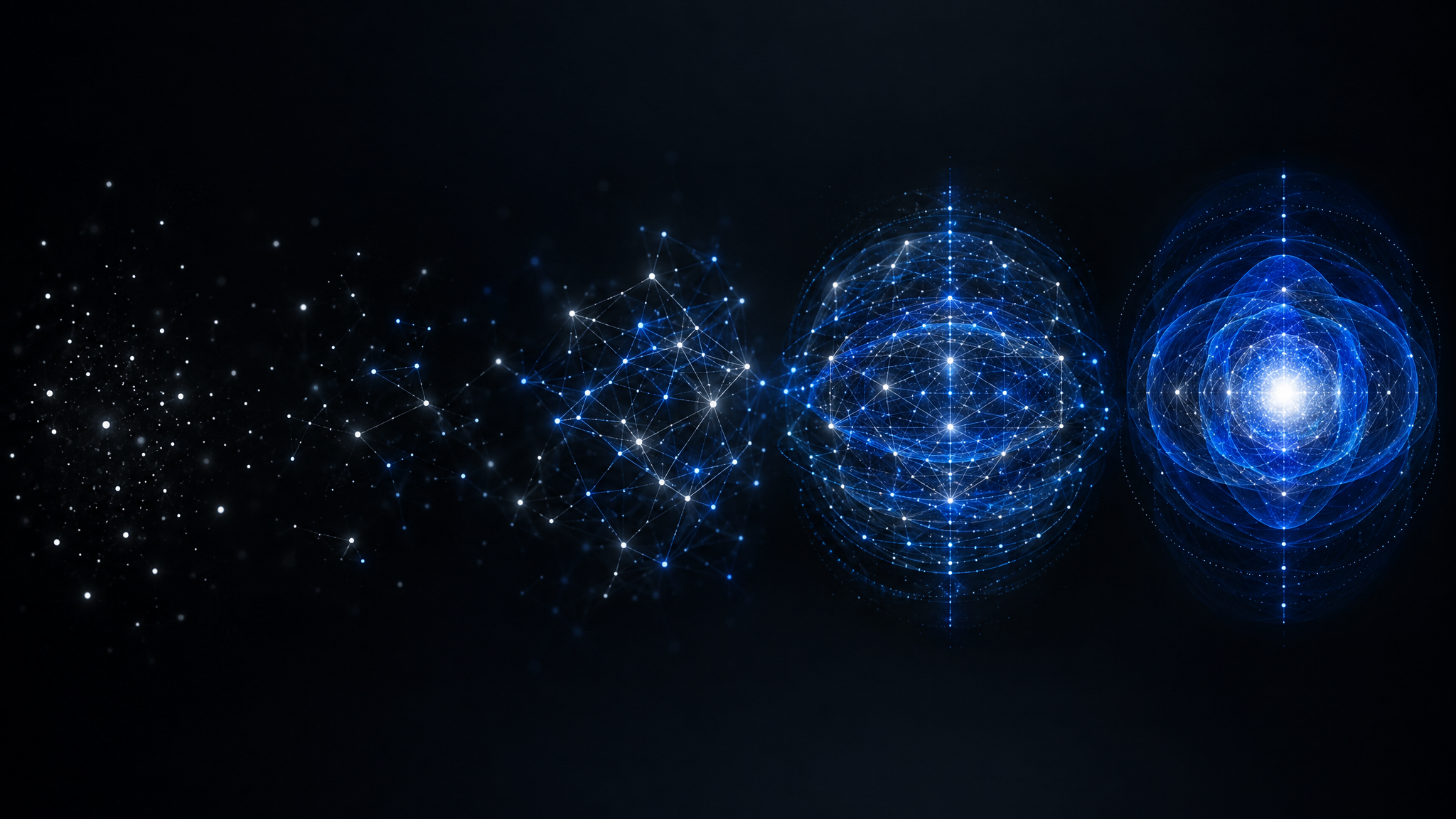 Progressive left-to-right composition: ephemeral fragments become connections, then a contextual network, then a persistent structure — leading to an abstract digital entity.