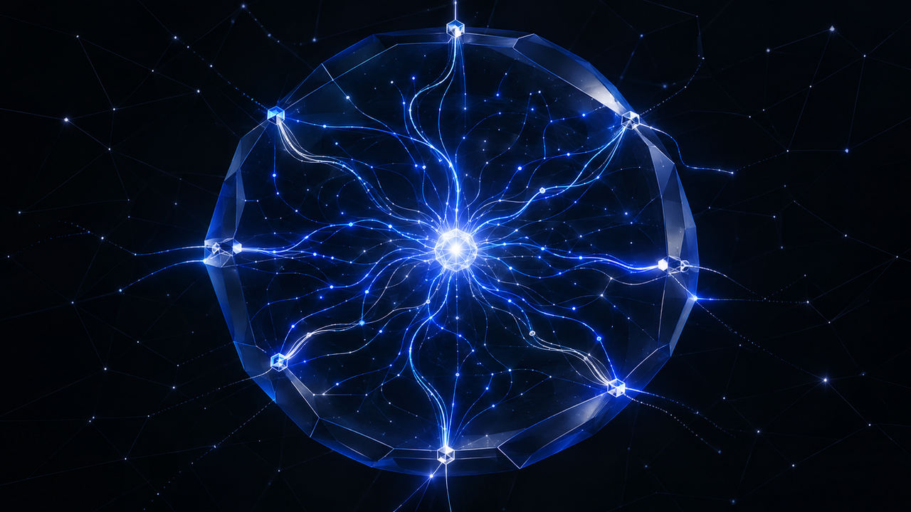 A bright core at the center of a translucent sphere, with many filaments reaching out to its edge; small cube-shaped checkpoints sit along the boundary, and a faint web of lines extends outside the sphere.