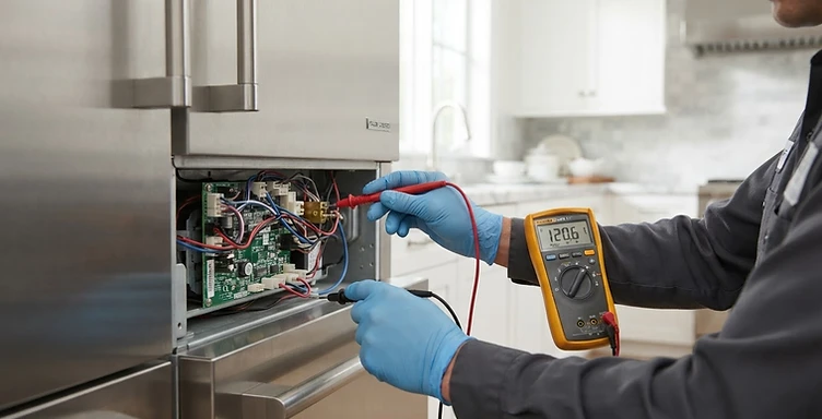 Professional appliance repair technician testing a stainless steel refrigerator in Raleigh, NC