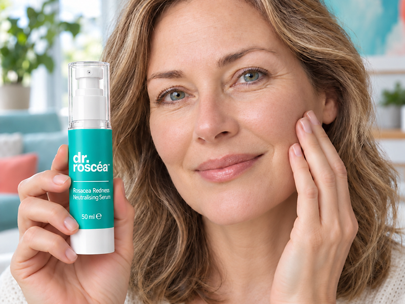 A woman holding the Dr. Roscéa serum, gently touching her cheek
