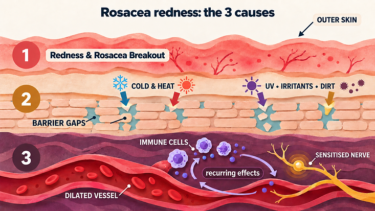 Rosacea redness: the 3 causes — visible flush, barrier gaps, and dilated vessels with sensitised nerves