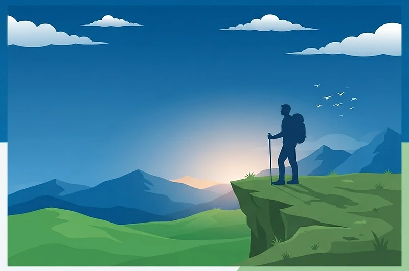 A hiker looking out over green hills at sunrise
