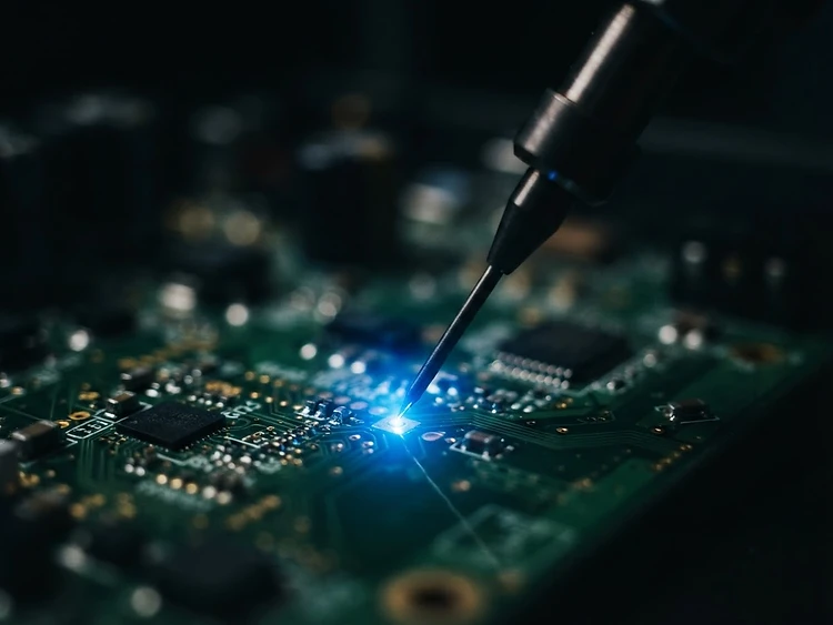 Diagnostic probe touching a glowing circuit contact point
