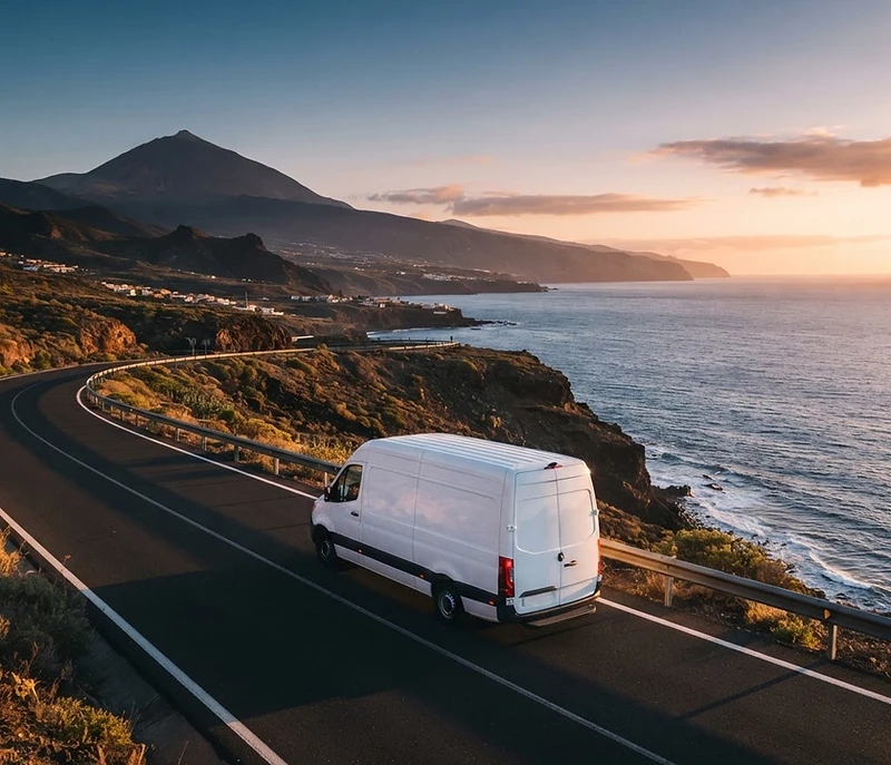 Furgoneta de reparto en carretera costera de Tenerife al atardecer