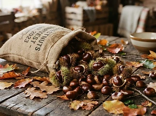 Fresh Kāpiti chestnuts spilling from a burlap sack at harvest time