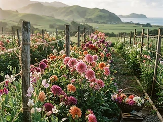 Rows of dahlias and sweet peas growing in a cut-flower garden on the Kāpiti Coast