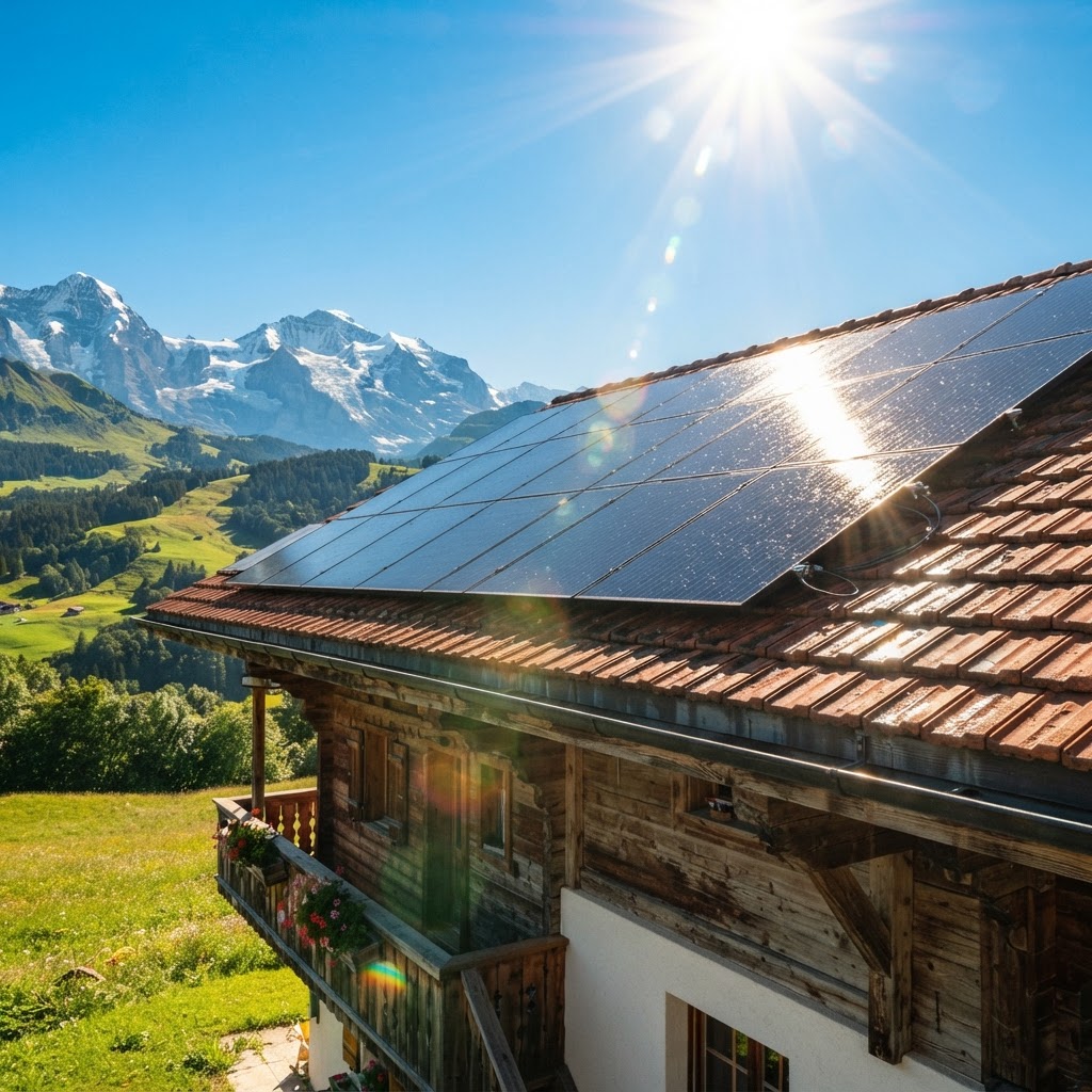Panneaux solaires en plein soleil sur un toit de maison suisse