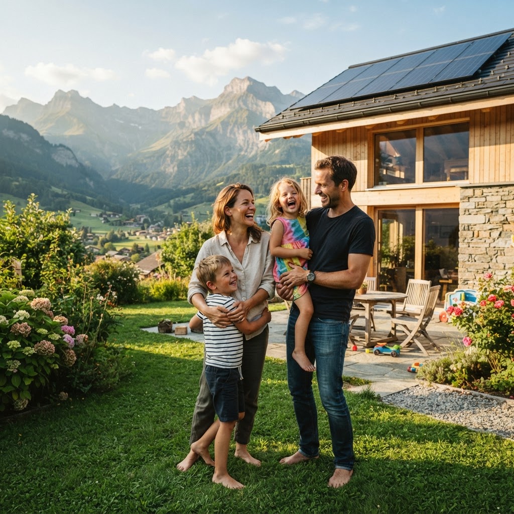 Famille suisse heureuse devant sa maison équipée de panneaux solaires