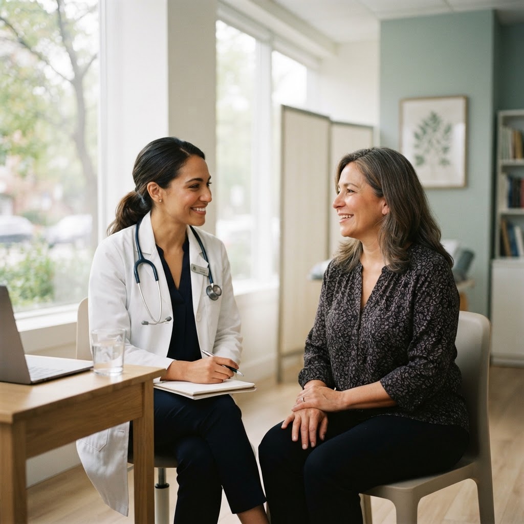 A physician in warm consultation with a patient, representing physician-led lifestyle medicine