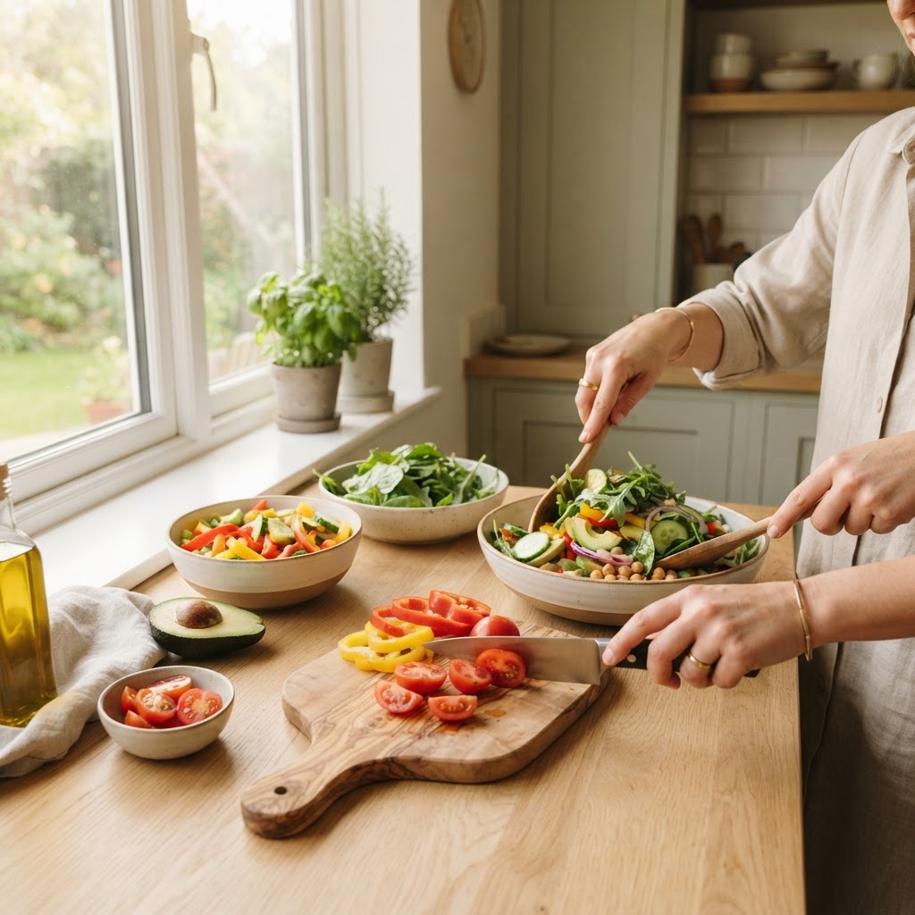 Fresh vegetables being prepared in a bright kitchen, representing everyday lifestyle change