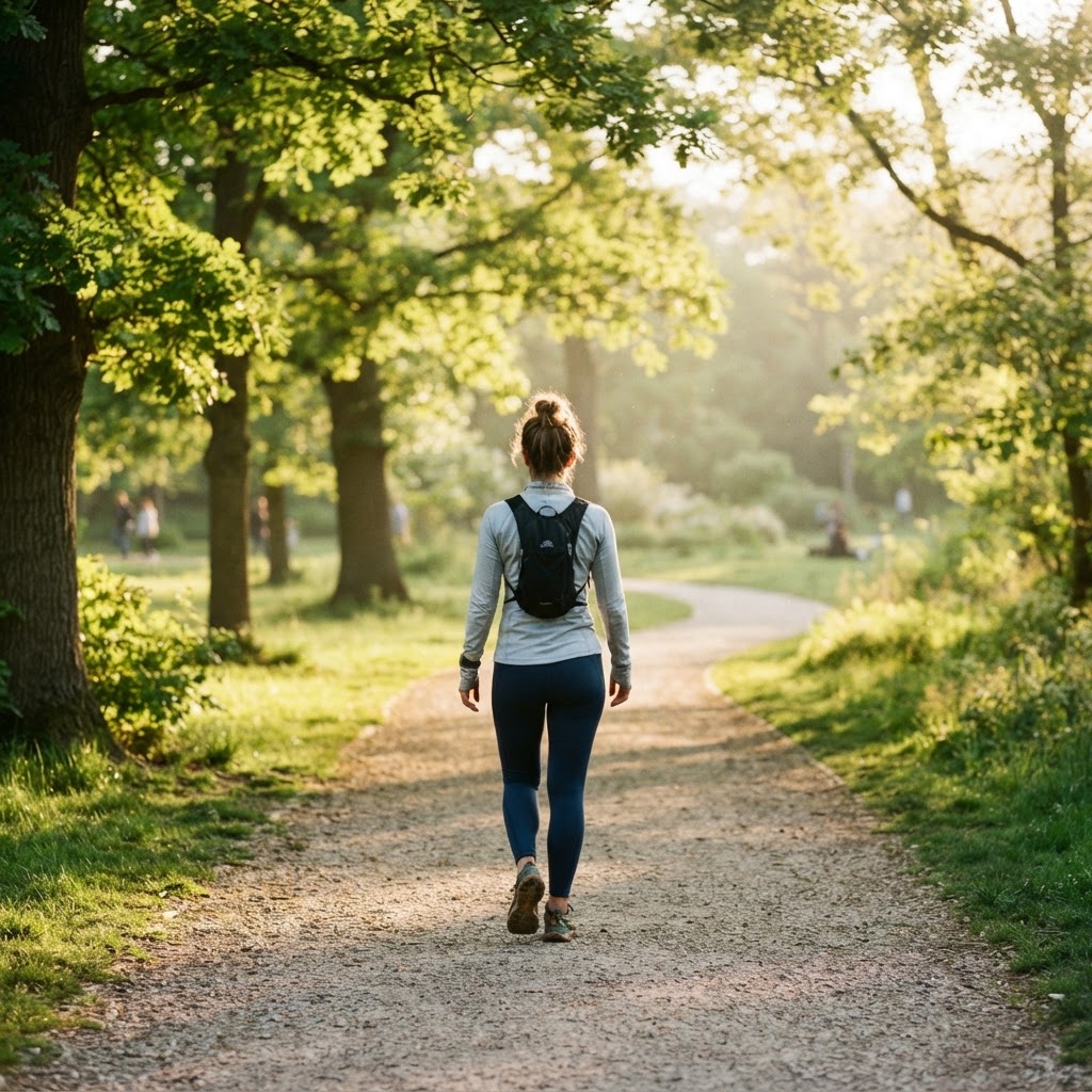 A person walking outdoors along a sunlit tree-lined path, representing everyday healthy living