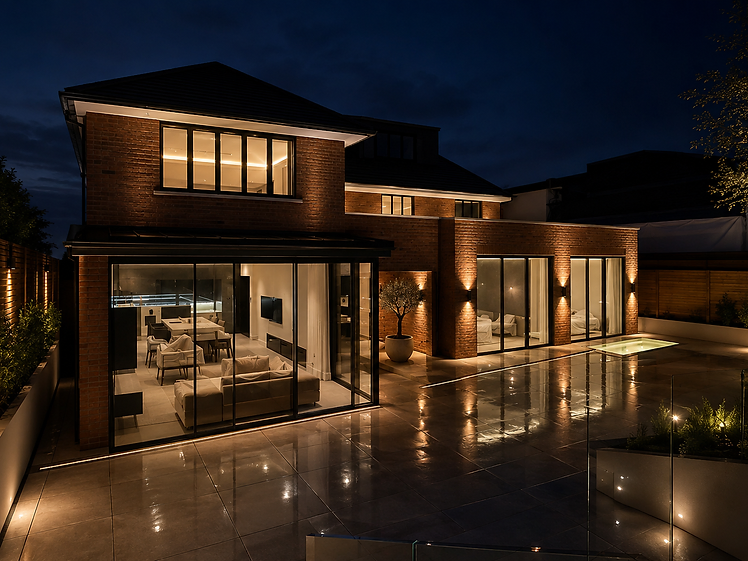 Night-time rear facade of a detached two-storey brick residence with extensive floor-to-ceiling minimal-frame sliding glass doors over a reflective stone patio