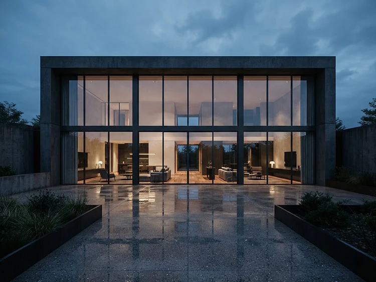 Concrete and dark aluminium building at blue hour with an entire facade of floor-to-ceiling minimal-frame sliding glass doors