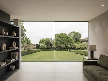 Large glass sliding panels in a slim aluminium frame at dusk
