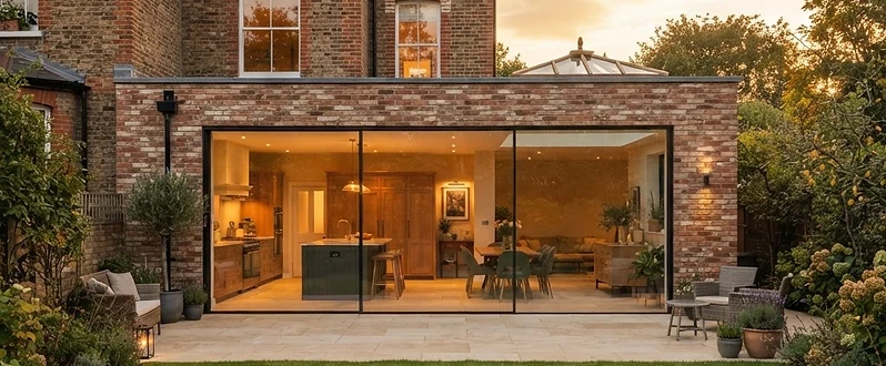 Rear extension and orangery on a period brick house at golden hour, with the traditional rear wall replaced by floor-to-ceiling minimal-frame sliding doors flush with a stone terrace