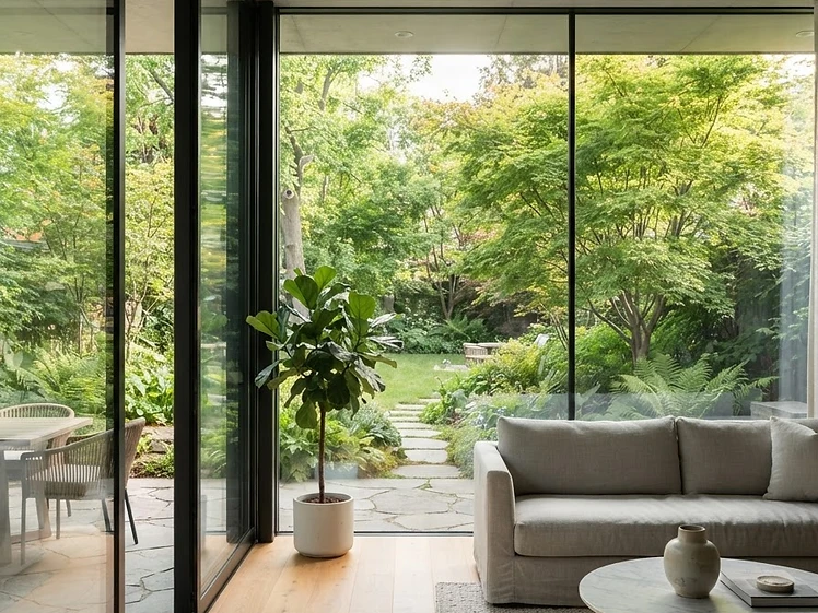 Sunlit glass-walled interior looking out through minimal-frame sliding doors to the garden