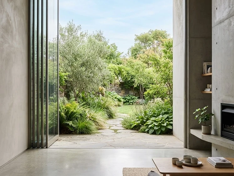 Wide architectural opening with minimal-frame sliding glass doors filling the full wall