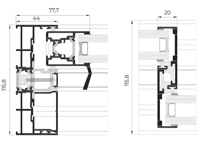 Profile cross section — 115.8 mm frame depth, 77.7 mm outer frame and the 20 mm central interlock