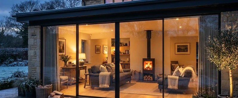 Contemporary home at dusk with a triple-glazed minimal-frame sliding door wall, warm interior light glowing through the glass onto a frost-dusted stone terrace