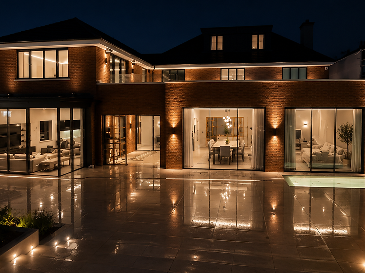Night-time rear facade of a two-storey brick residence with extensive floor-to-ceiling minimal-frame sliding glass doors lit by exterior uplights