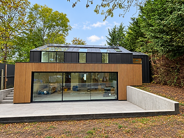 Exterior of a modern glass house with black metal standing-seam cladding and vertical wood slat siding, featuring a three-panel sliding glass door onto a stone patio surrounded by trees
