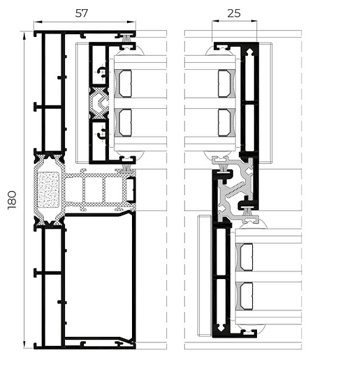 Profile cross section — 57 mm sash, 180 mm triple-track frame and the 25 mm central interlock