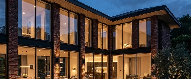 Modern courtyard new-build house with continuous floor-to-ceiling minimal-frame sliding doors in black frames alternating with red brick pillars