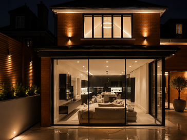 Brick residential extension at night with floor-to-ceiling minimal-frame sliding doors revealing a warm, open-plan kitchen and living area