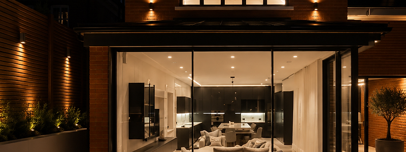 Brick residential extension at night with floor-to-ceiling minimal-frame sliding doors revealing a warm, open-plan kitchen and living area