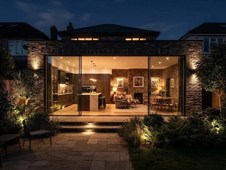 Brick residential extension at night with floor-to-ceiling minimal-frame sliding doors revealing a warm, open-plan kitchen and living area