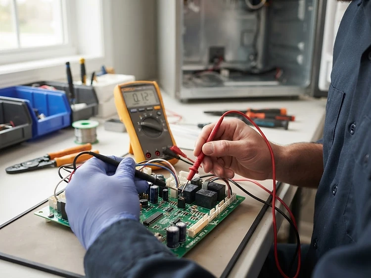 Rink's Appliances technician diagnosing an appliance control board