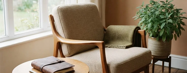 A calm, comfortable therapy room corner with an armchair