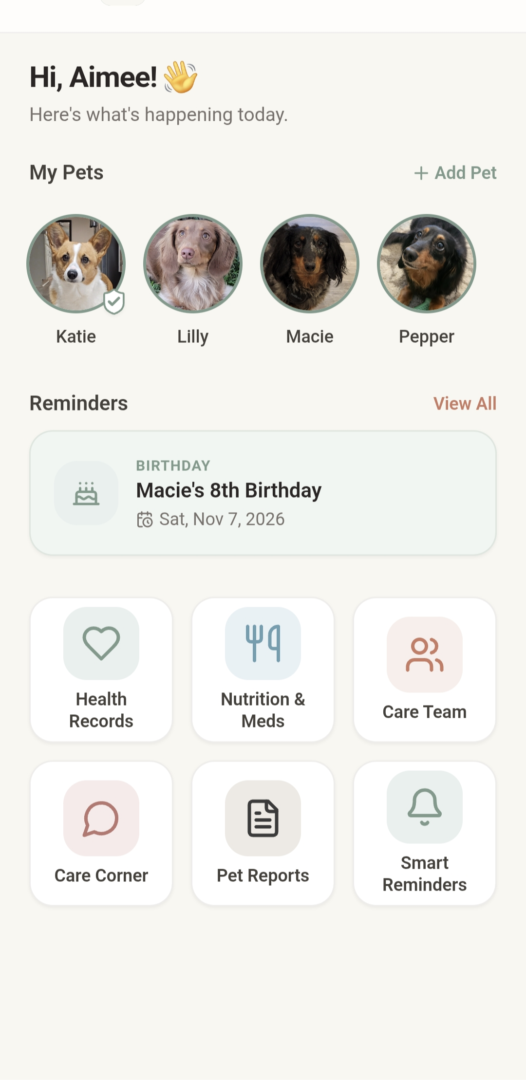 App dashboard โ pet profiles, reminders, and quick actions