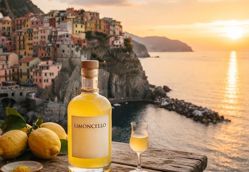 Italian coastline at sunset with a bottle of limoncello